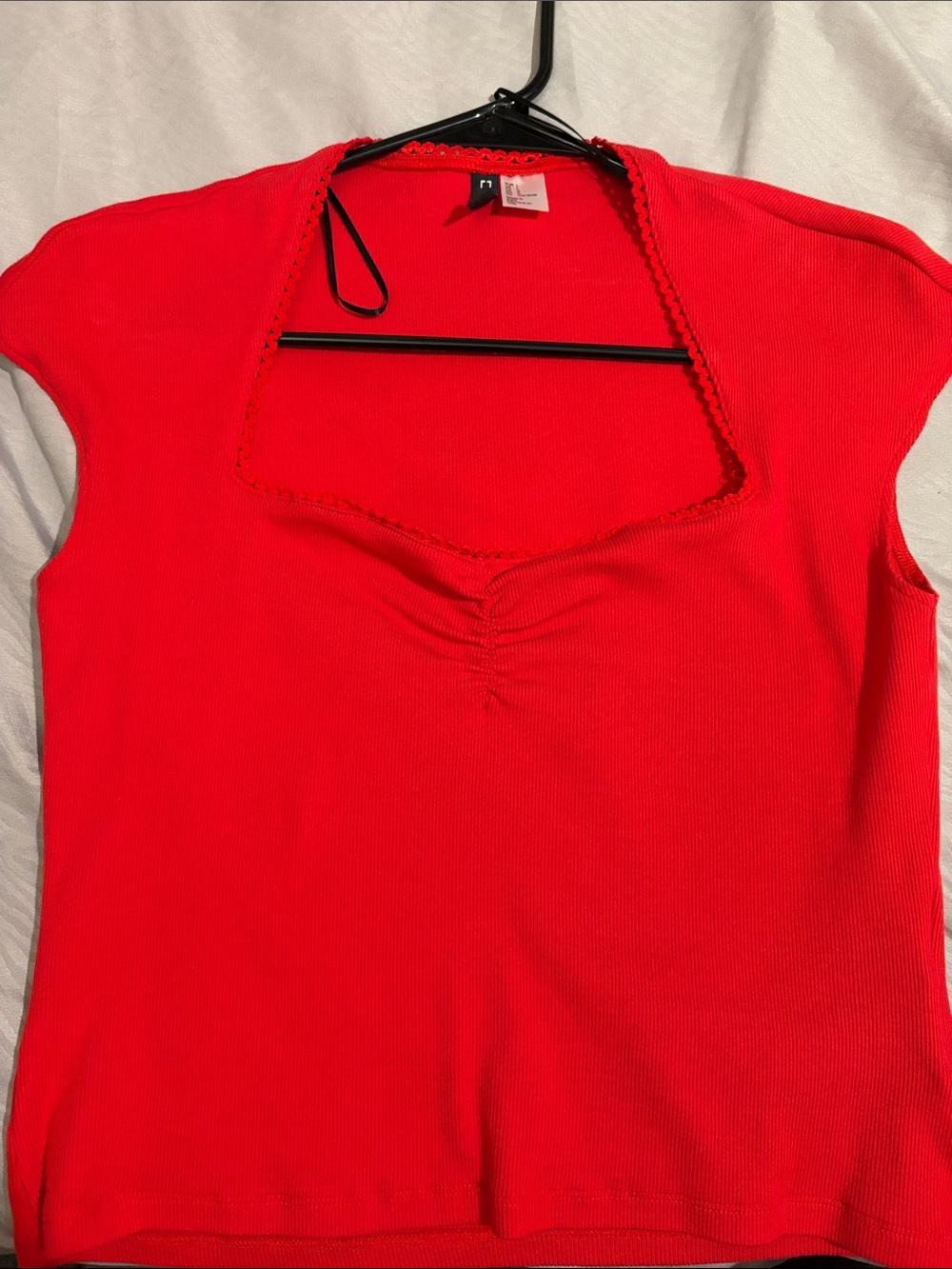 H&M Red Square-Neck Short Sleeve Ribbed Top